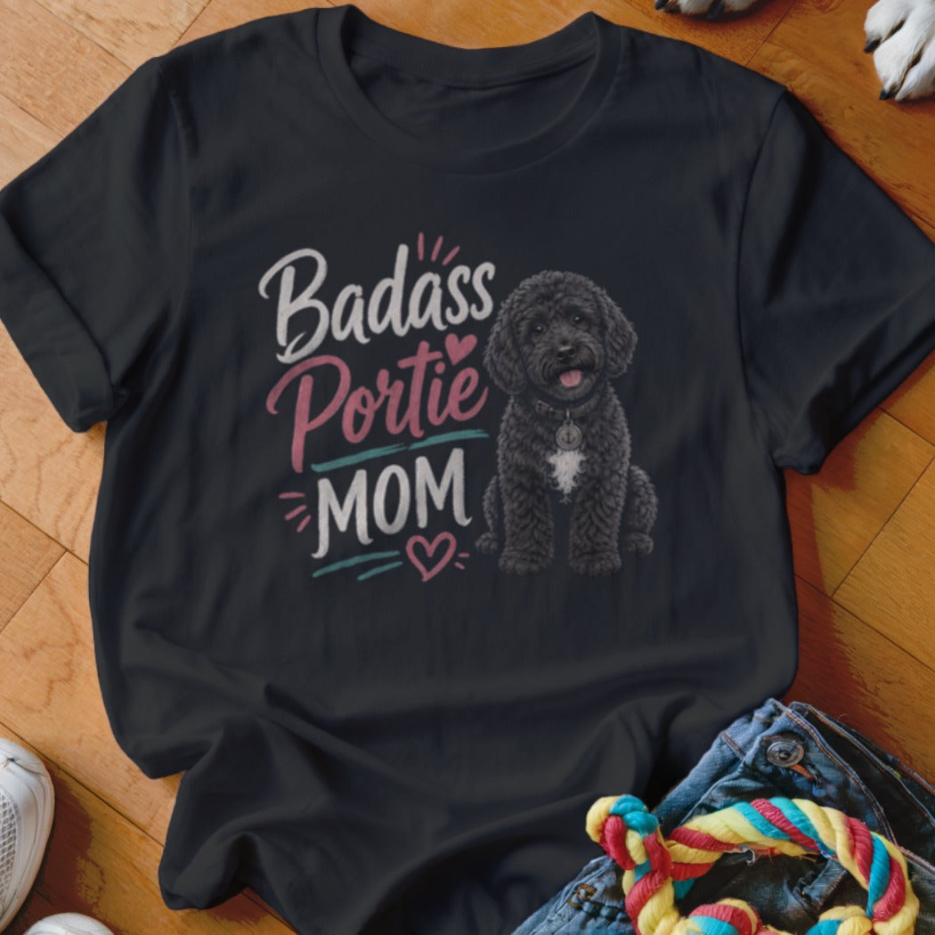 Black t-shirt with "Badass Portie MOM" text and a seated dog illustration.