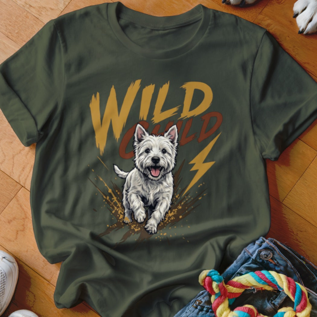 Olive green t-shirt with a graphic of a white West Highland Terrier and text reading Wild Child.