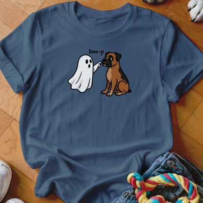 Cartoon ghost booping a boxer dog with text "boo-p".