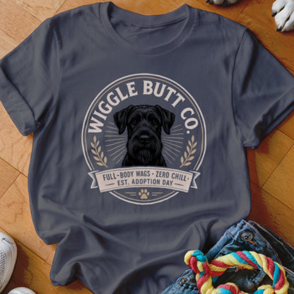 Dark t-shirt with black schnauzer graphic and "Wiggle Butt Co." text.