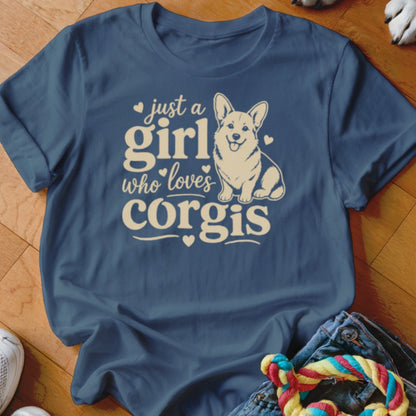 Blue t-shirt with "Just a girl who loves corgis" text and corgi illustration.
