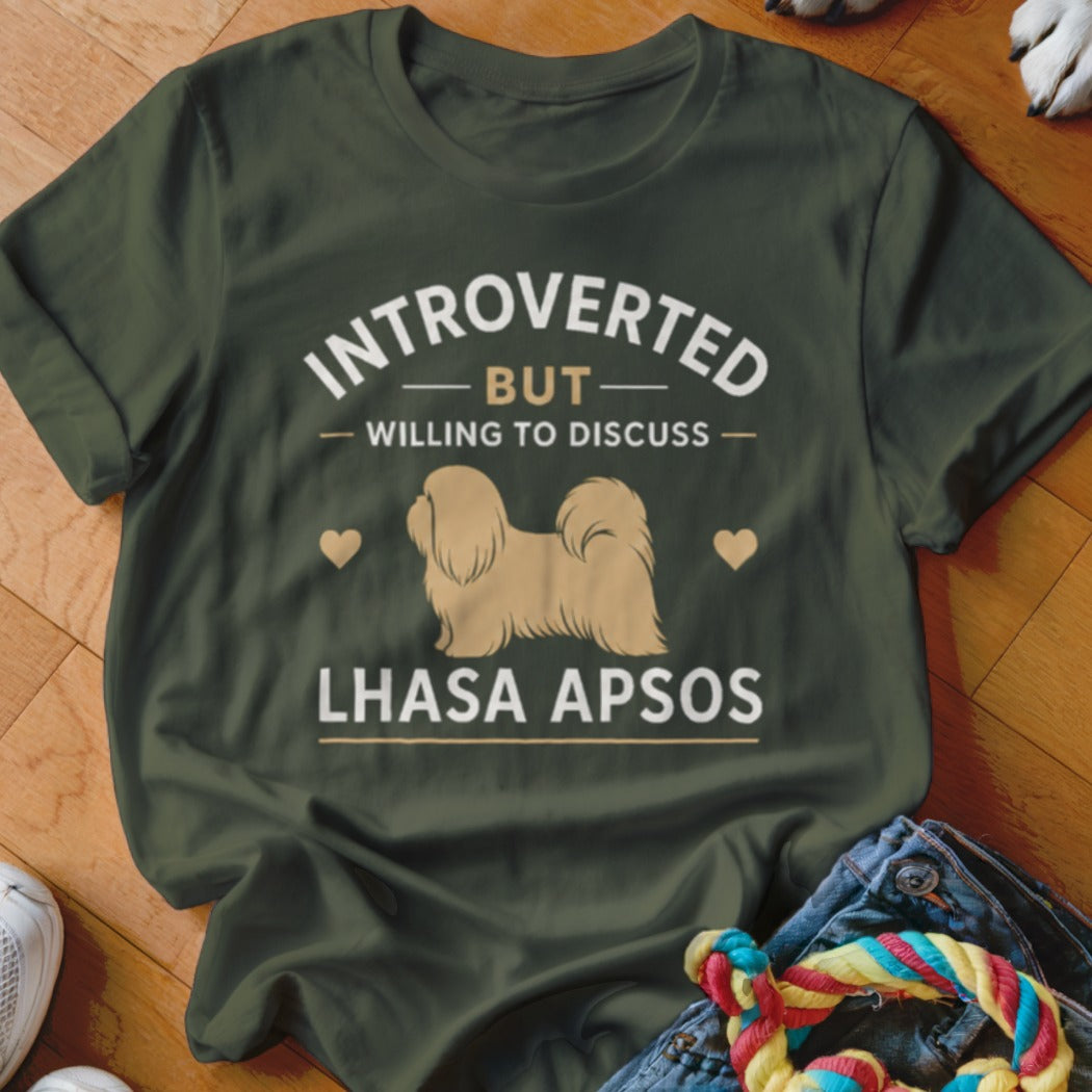 Green t-shirt with "Introverted But Willing to Discuss Lhasa Apsos" text and dog illustration.