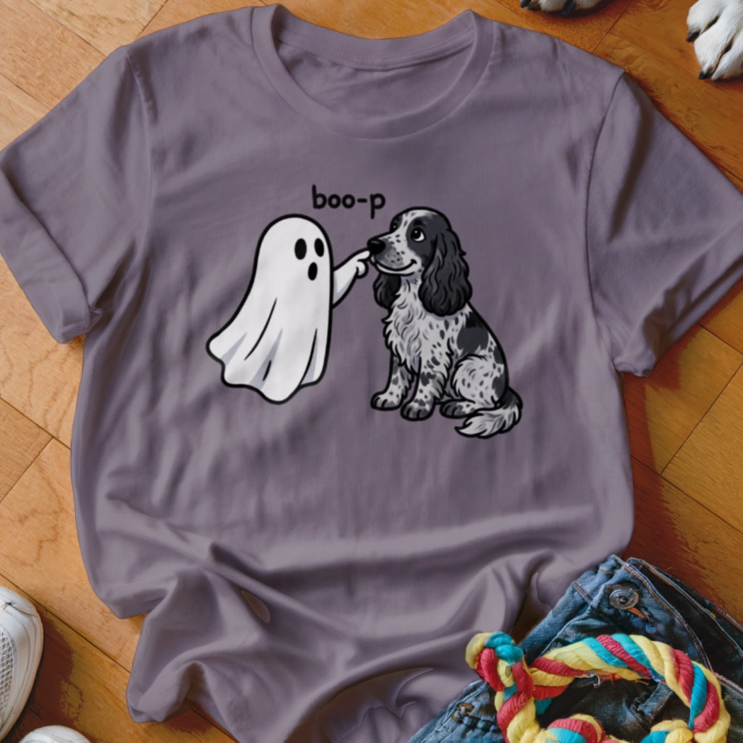 Ghost poking a black and white dog with "boo-p" text above.
