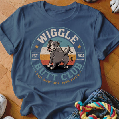 T-shirt with illustration of a pit bull dog and text "Wiggle Butt Club".