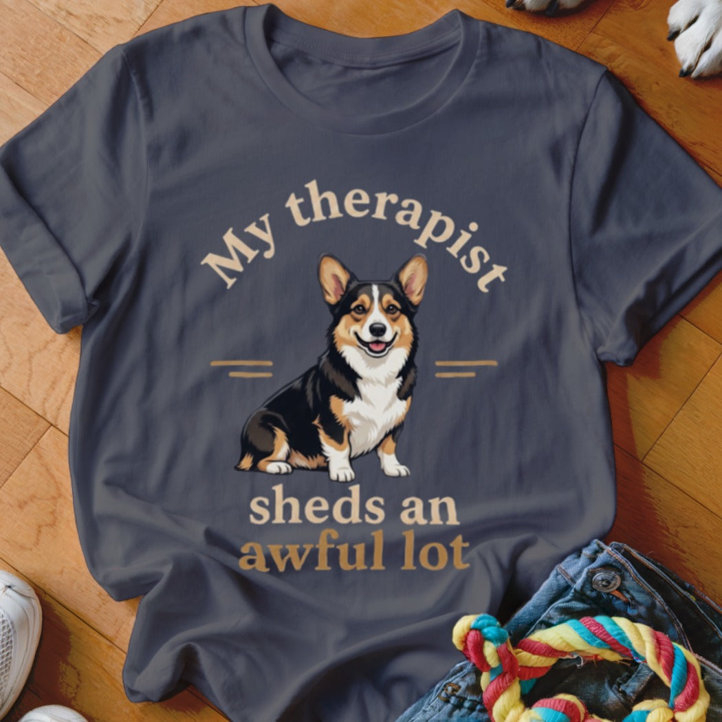 Dark grey t-shirt with a corgi and text "My therapist sheds an awful lot".