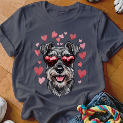 A dark gray t-shirt featuring a graphic of a Schnauzer wearing heart-shaped sunglasses surrounded by pink hearts.