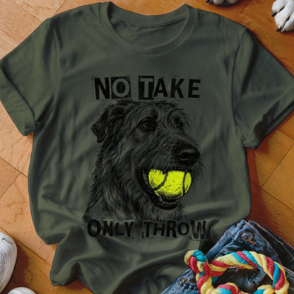 Green t-shirt with drawing of dog holding tennis balls and text "NO TAKE ONLY THROW".