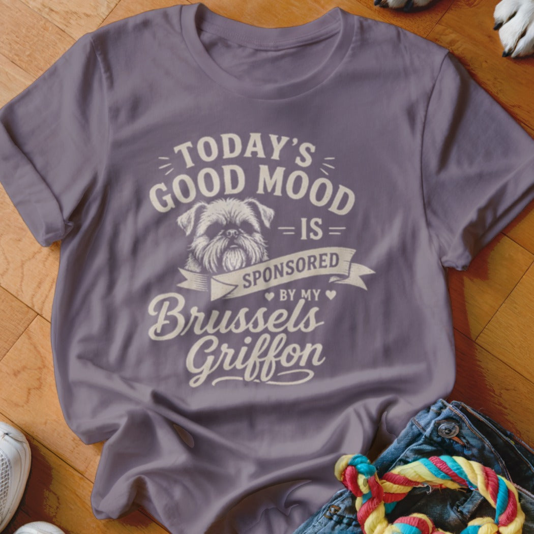 T-shirt with "Today's good mood is sponsored by my Brussels Griffon" text and dog graphic.