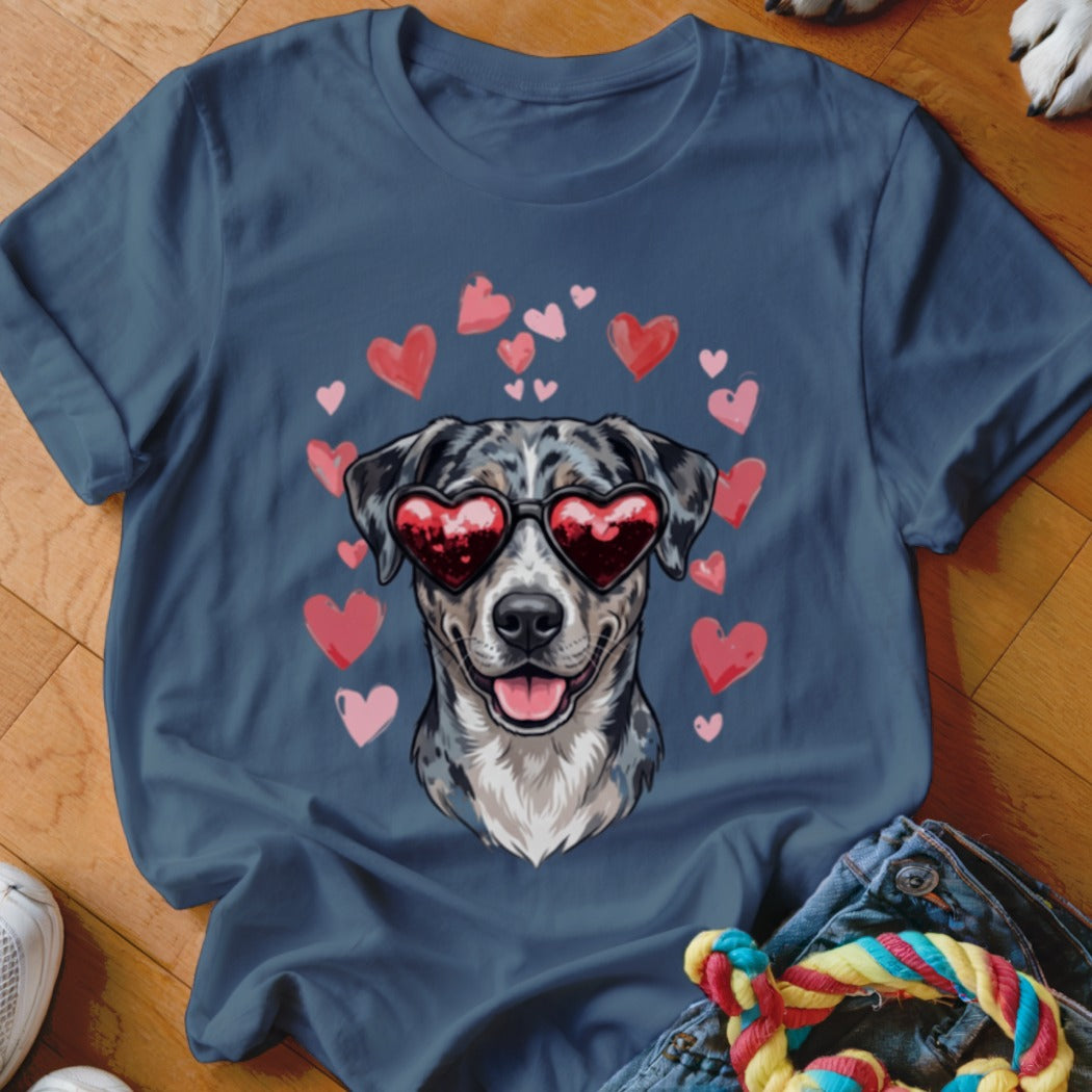 Dark blue t-shirt featuring an illustration of a merle dog wearing heart-shaped sunglasses surrounded by floating pink hearts.