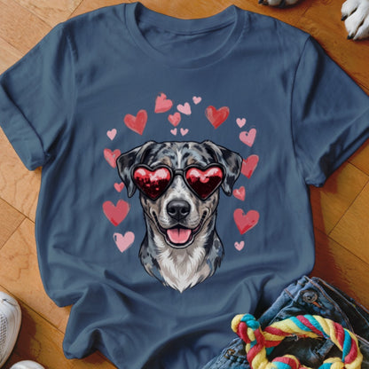 Dark blue t-shirt featuring an illustration of a merle dog wearing heart-shaped sunglasses surrounded by floating pink hearts.