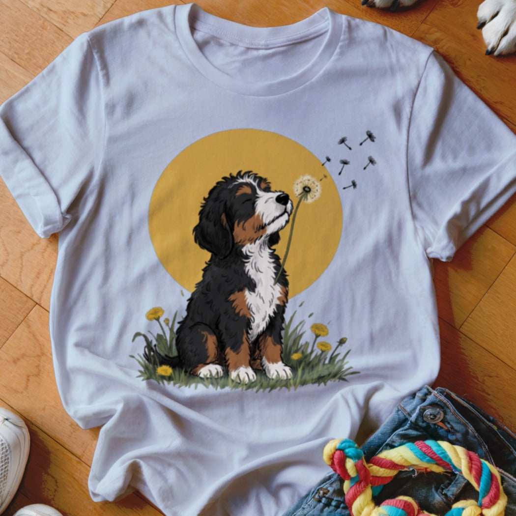 A white t-shirt featuring a graphic of a Bernese Mountain Dog puppy blowing dandelion seeds.