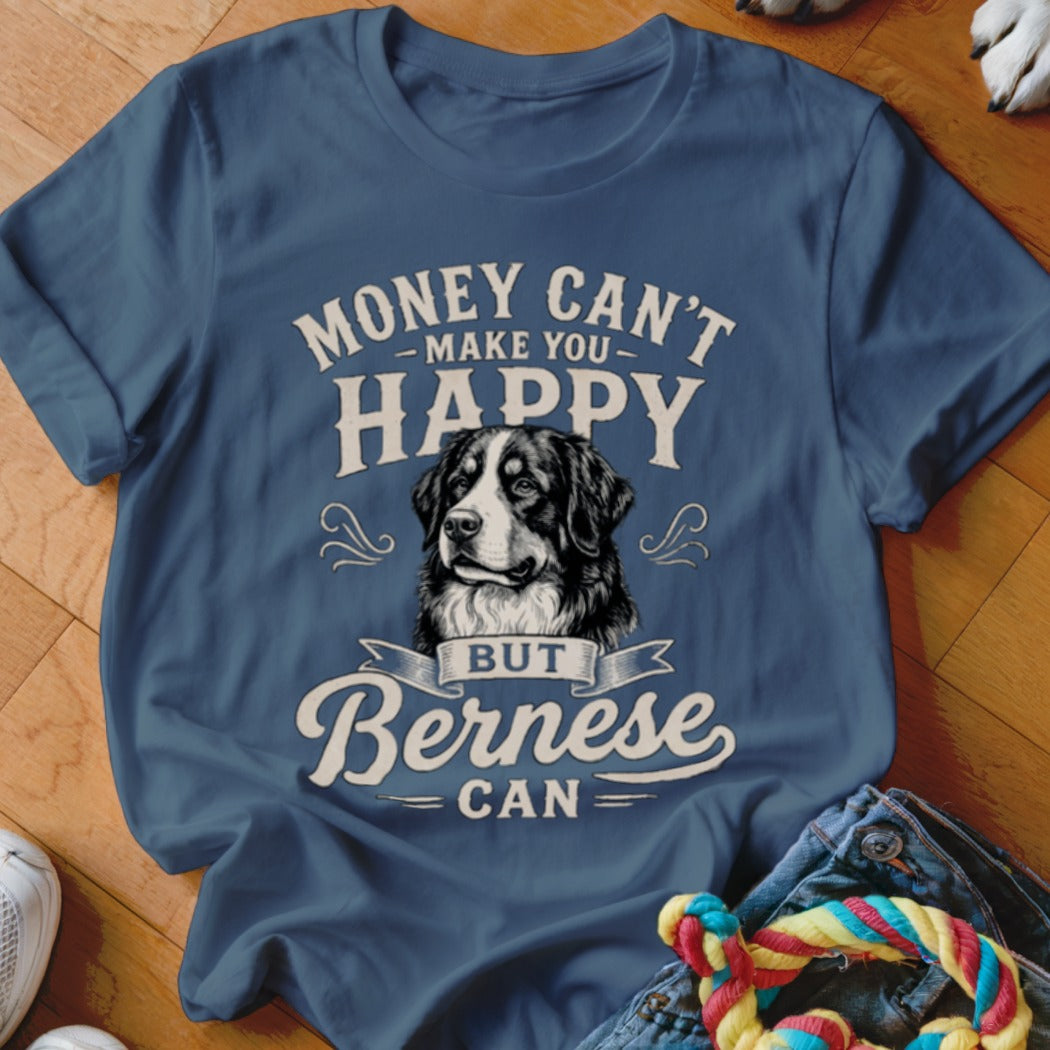 Blue t-shirt with "Money Can't Make You Happy But Bernese Can" text and a Bernese Mountain Dog.