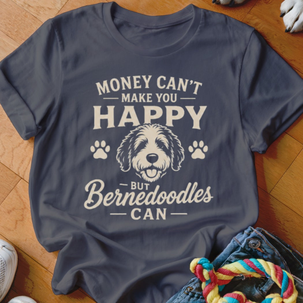 Dark blue t-shirt with text "Money can't make you happy, but Bernedoodles can" and a dog illustration.