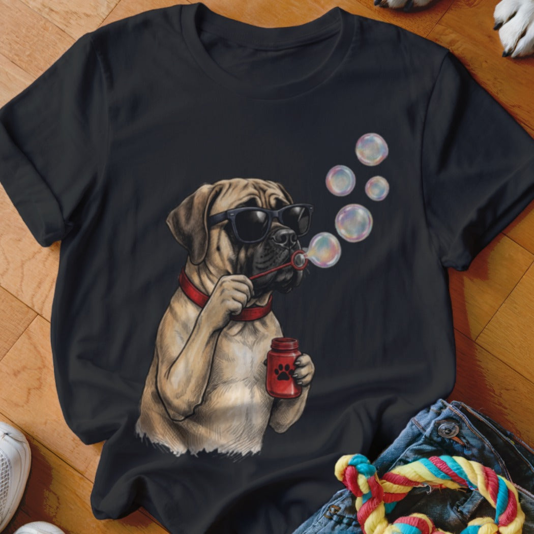 A black crewneck t-shirt featuring a graphic of a mastiff wearing sunglasses and blowing soap bubbles.