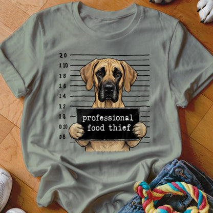 Great Dane mugshot on t-shirt reads "professional food thief".