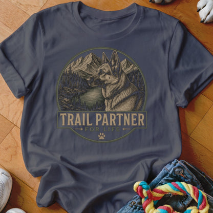 Dark blue t-shirt with "Trail Partner For Life" graphic featuring a dog and mountains.
