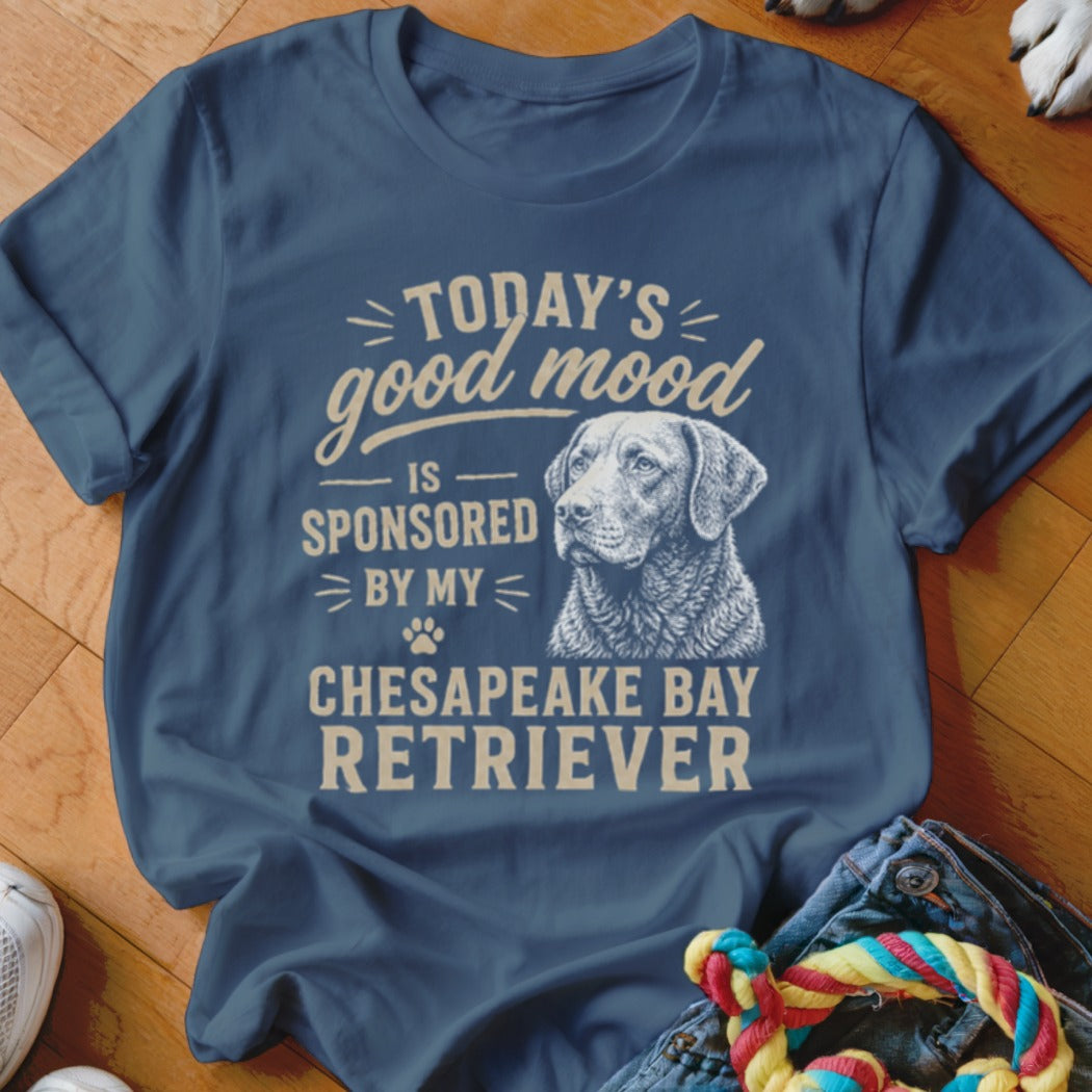Blue t-shirt with text "Today's good mood is sponsored by my Chesapeake Bay Retriever" and dog illustration.