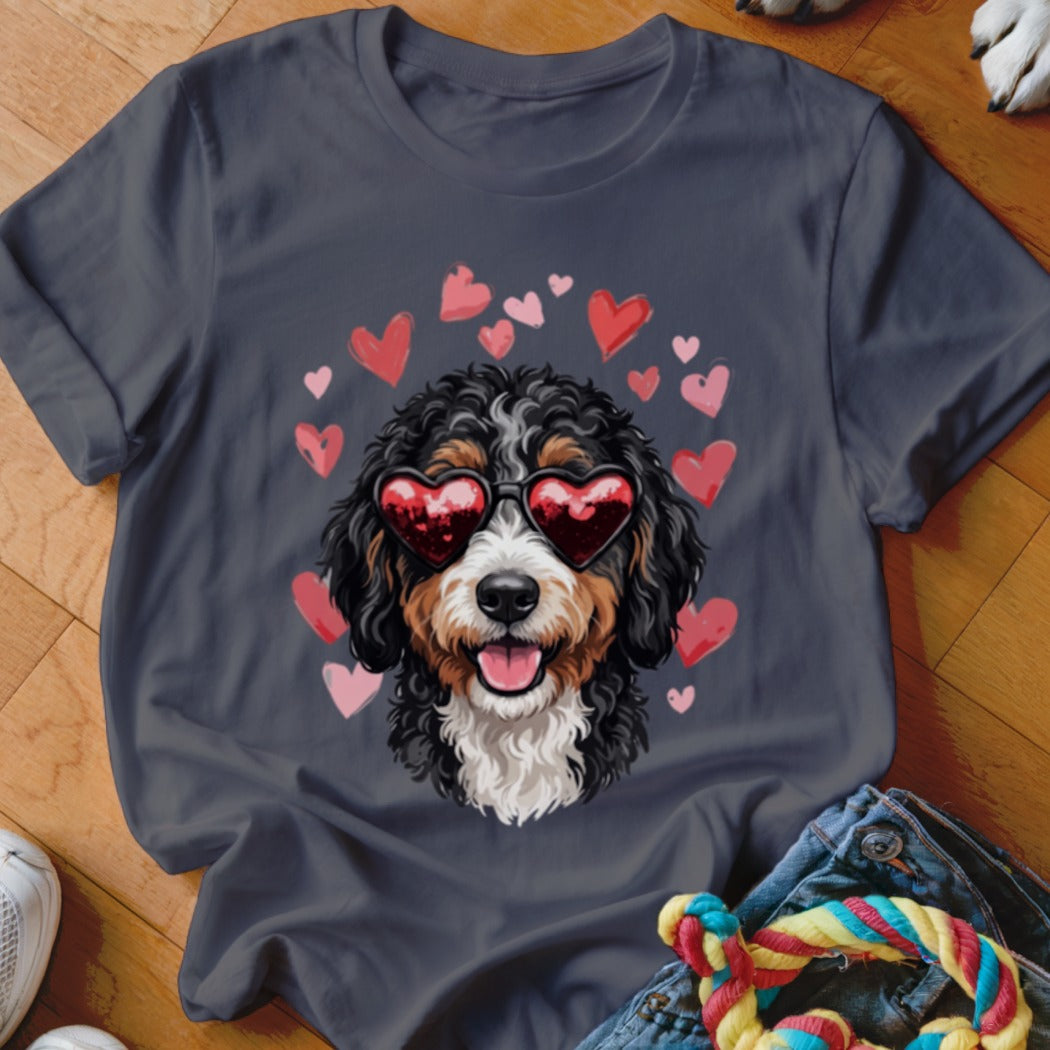 A dark gray t-shirt featuring a Bernedoodle wearing heart-shaped sunglasses surrounded by pink hearts.