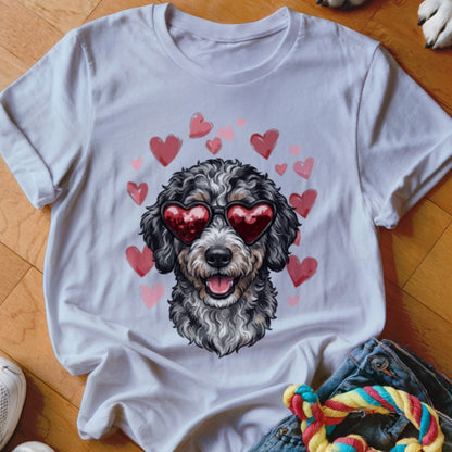 A white t-shirt features a graphic of a fluffy dog wearing red heart-shaped sunglasses surrounded by pink hearts.