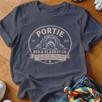 Dark grey t-shirt with "Portie Bed & Blanket Co" logo featuring a dog.
