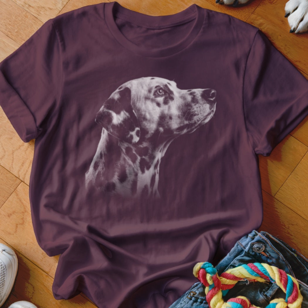 Dalmatian dog portrait graphic on a burgundy t-shirt.