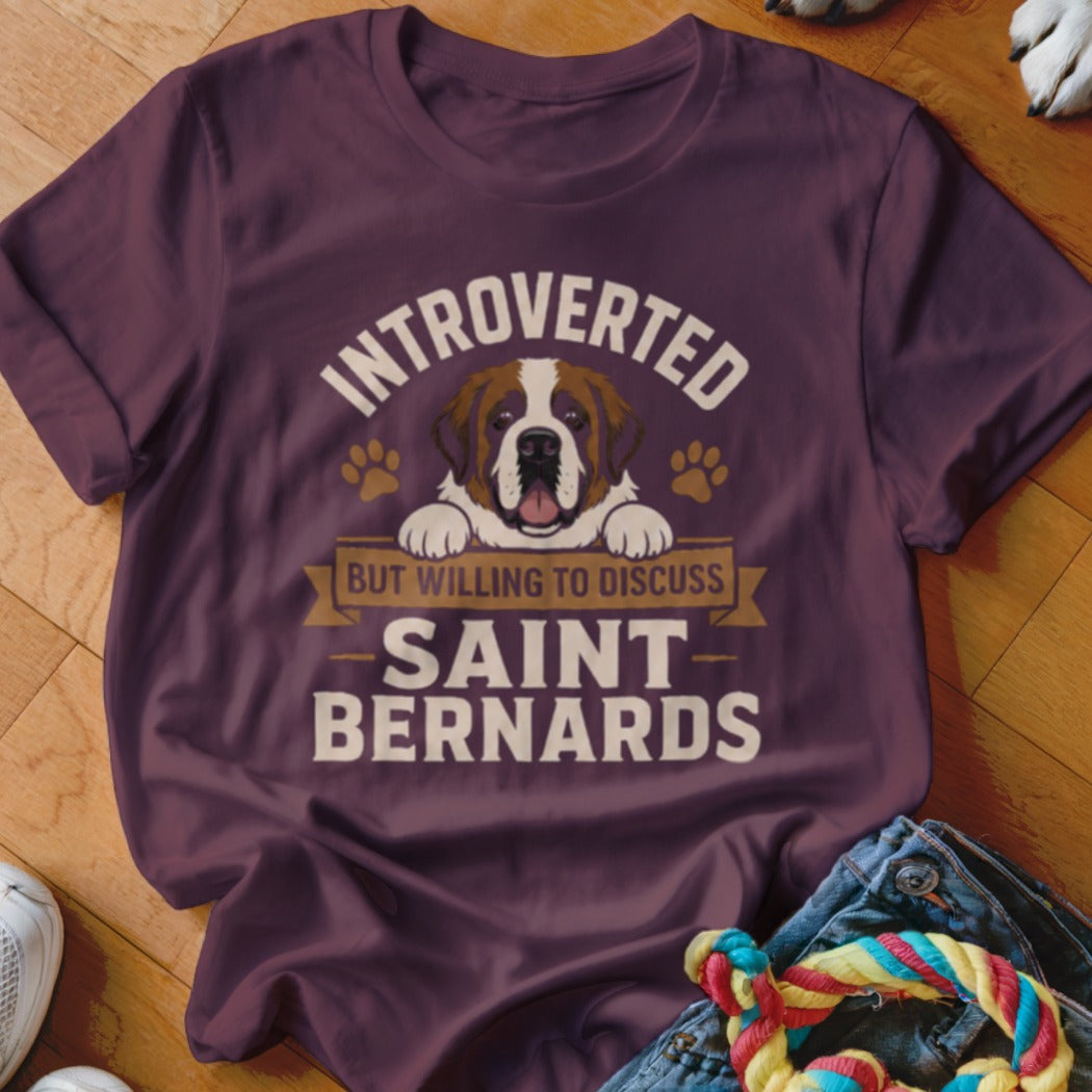 Maroon t-shirt with cartoon Saint Bernard graphic and text "Introverted but willing to discuss Saint Bernards".