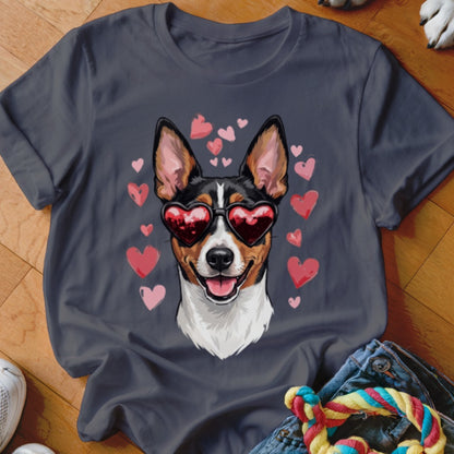 A dark grey t-shirt featuring a graphic of a dog wearing red heart sunglasses, surrounded by pink hearts.