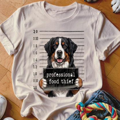 Bernese Mountain Dog in mugshot with "professional food thief" sign.