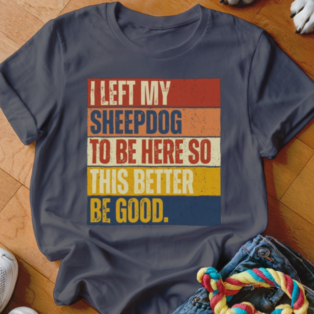 Dark gray t-shirt with retro striped text "I LEFT MY SHEEPDOG TO BE HERE SO THIS BETTER BE GOOD."