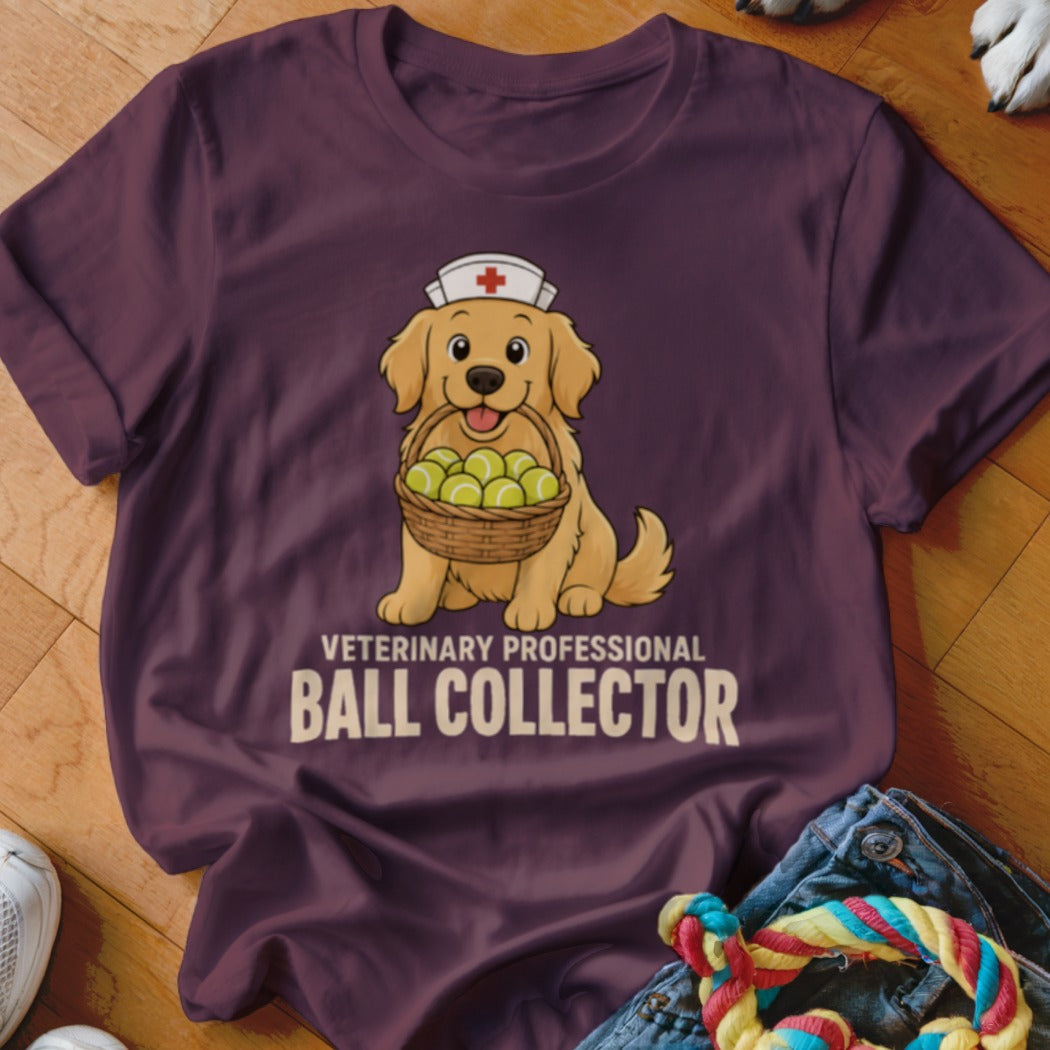 Golden retriever in nurse hat holds basket of tennis balls. "Veterinary Professional Ball Collector" text.