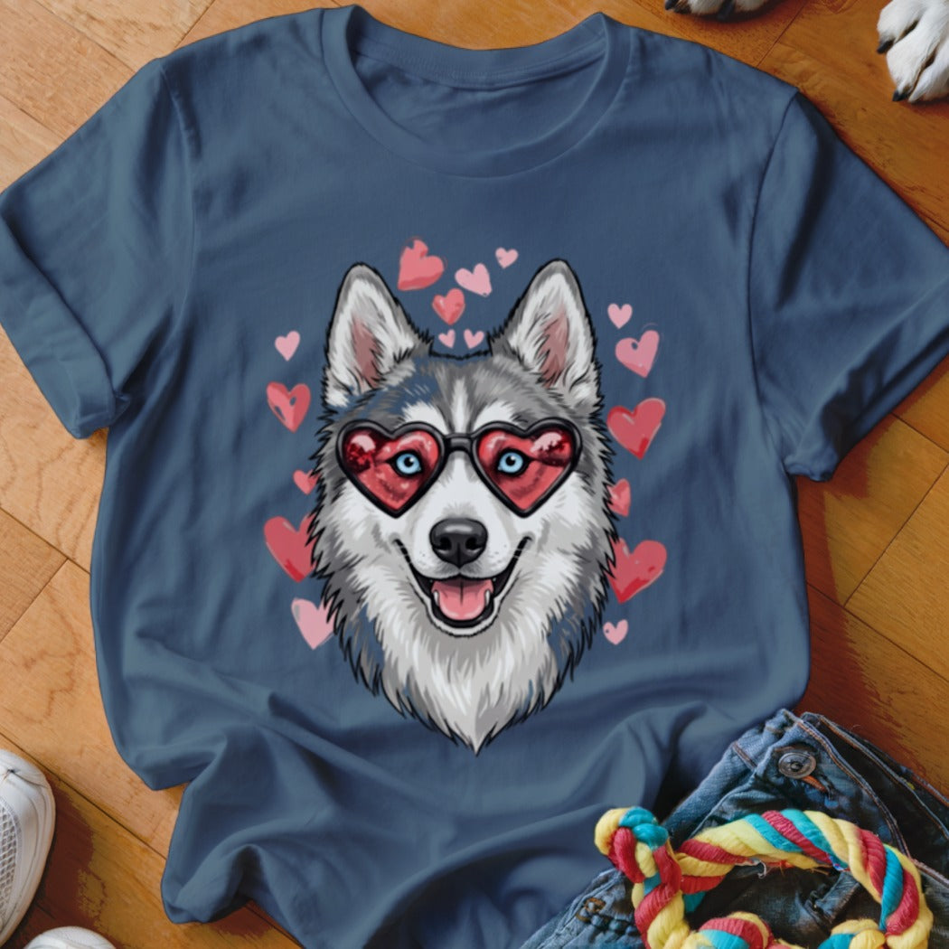 A dark blue t-shirt featuring a graphic of a husky wearing heart-shaped sunglasses surrounded by pink hearts.