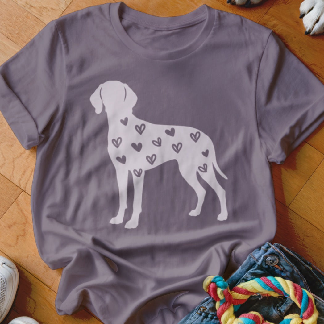 Gray t-shirt with white silhouette of dog covered in scattered heart outlines.