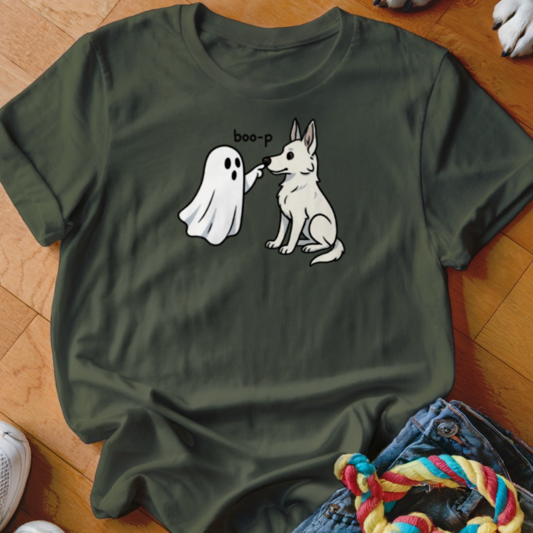Ghost booping a white dog with "boo-p" text on a dark green shirt.