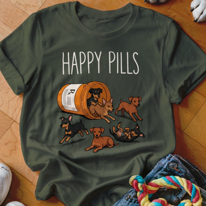 Dark green t-shirt with "HAPPY PILLS" text and cartoon dogs spilling from a pill bottle.