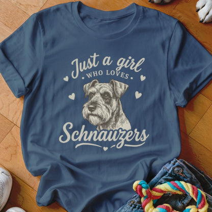 Blue t-shirt featuring a sketch of a Schnauzer and the text "Just a girl who loves Schnauzers."