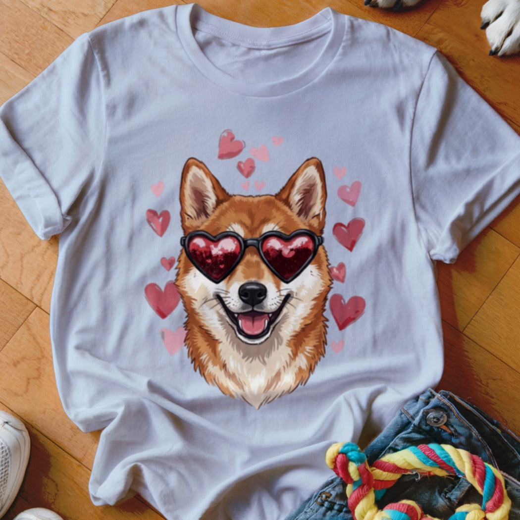 A white t-shirt featuring a graphic of a Shiba Inu wearing heart-shaped sunglasses surrounded by pink hearts.