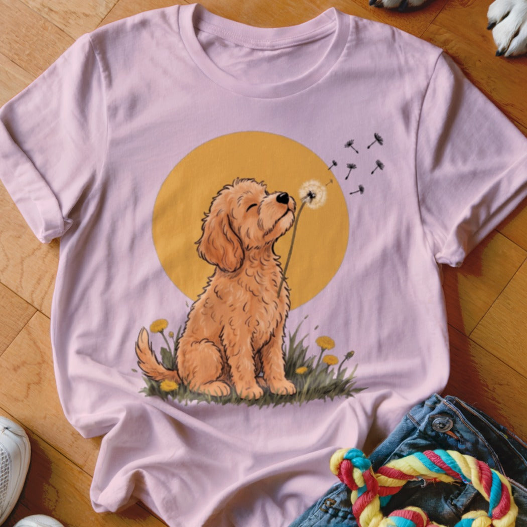 A light pink t-shirt with an illustration of a fluffy golden puppy blowing a dandelion against a yellow circle.