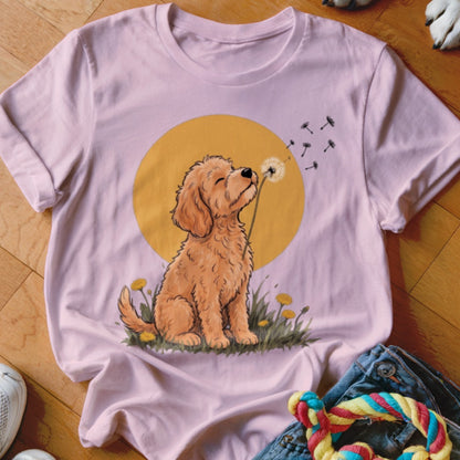 A light pink t-shirt with an illustration of a fluffy golden puppy blowing a dandelion against a yellow circle.