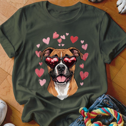 Dark green t-shirt featuring a graphic of a boxer dog wearing heart-shaped sunglasses surrounded by floating pink hearts.