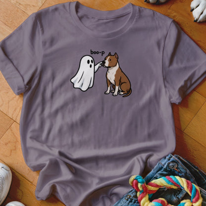 A ghost playfully boops a brown and white dog's nose with the text "boo-p".