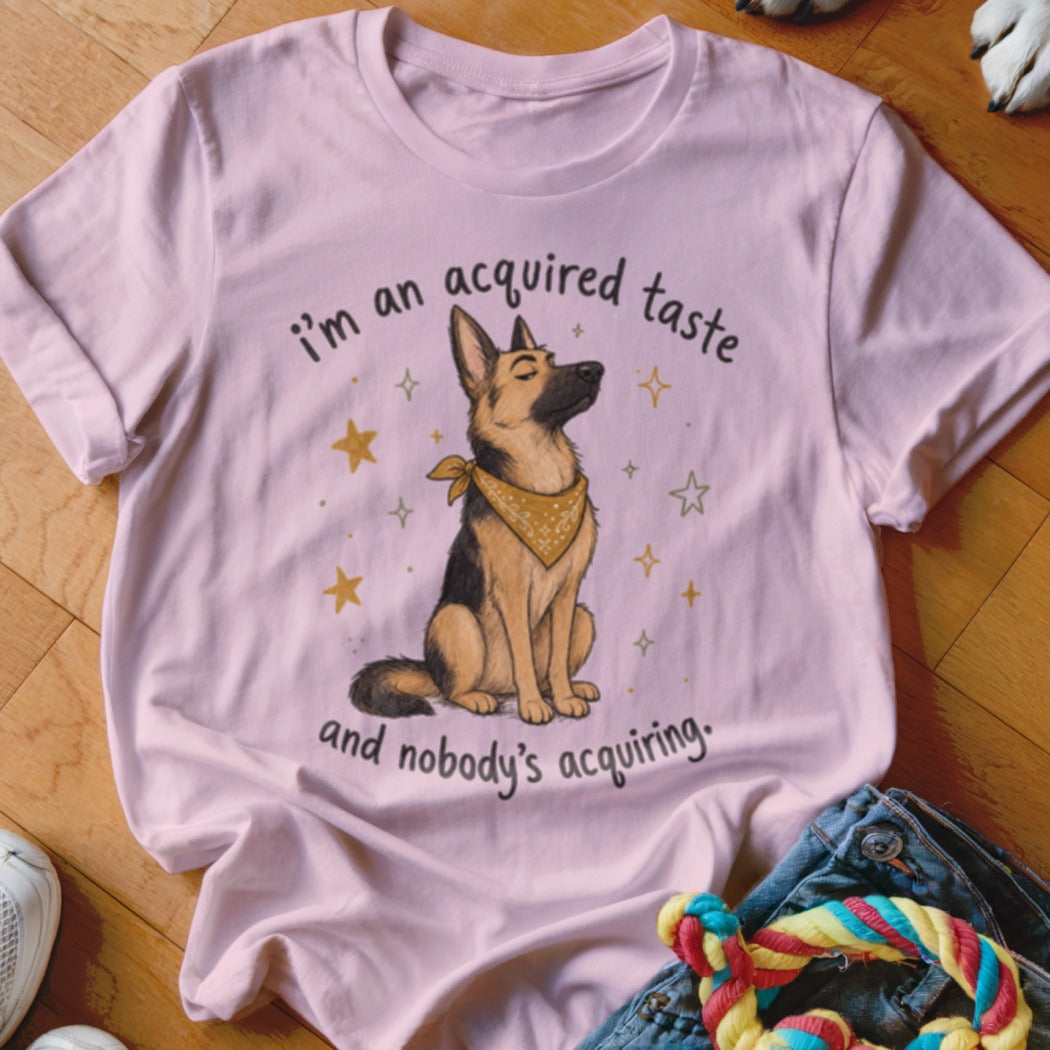 Pink t-shirt with a German Shepherd wearing a bandana and text.