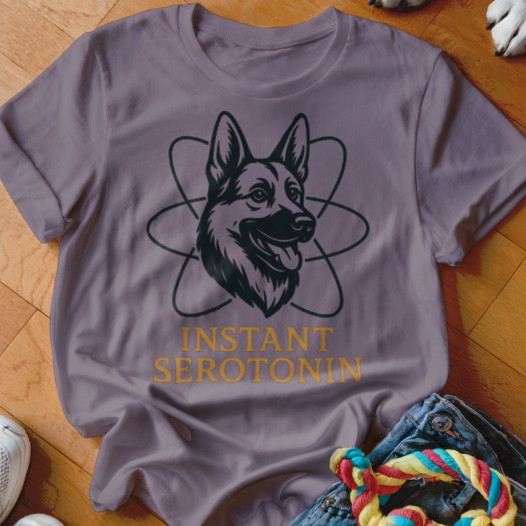 German Shepherd head with atomic symbol and text "INSTANT SEROTONIN".