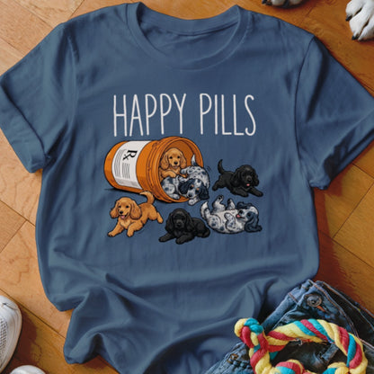 T-shirt with "Happy Pills" text and puppies spilling from a pill bottle.
