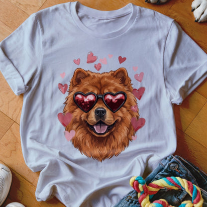 White t-shirt featuring an illustration of a fluffy brown dog wearing heart-shaped sunglasses, surrounded by pink hearts.