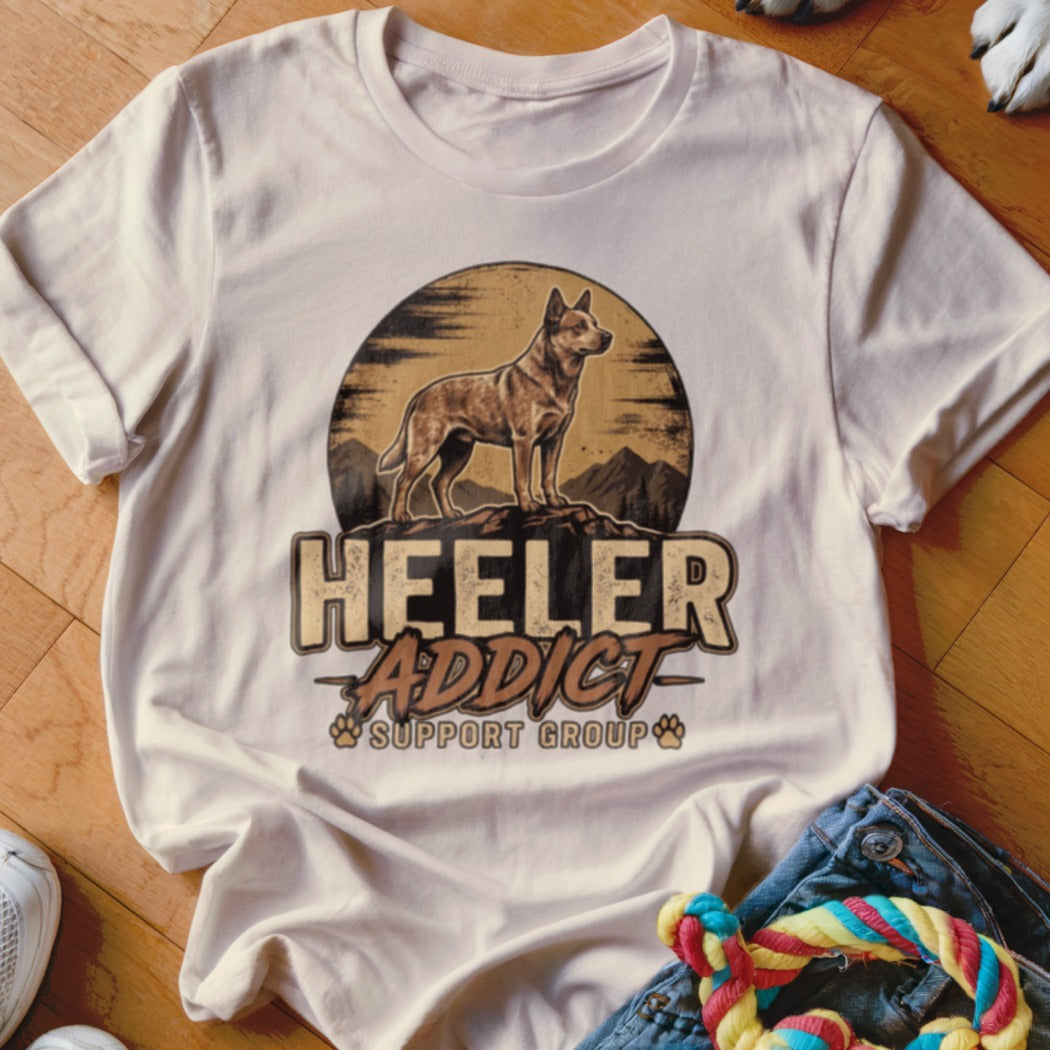 Off-white t-shirt with a vintage-style graphic of an Australian Cattle Dog standing on mountains above the text HEELER ADDICT SUPPORT GROUP.