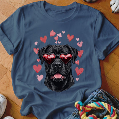 Blue t-shirt featuring a graphic of a black dog wearing heart-shaped sunglasses surrounded by pink hearts.