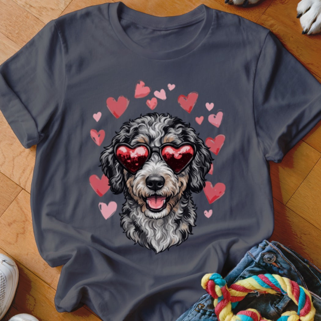 A dark gray t-shirt featuring a doodle dog wearing heart-shaped sunglasses surrounded by pink hearts.