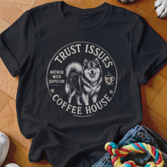 Black t-shirt with "Trust Issues Coffee House" text and a husky dog graphic.