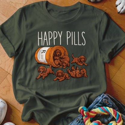 Several puppies spill out of a pill bottle labeled "RX" with the text "HAPPY PILLS".