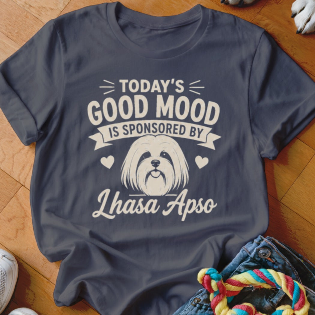Navy t-shirt with "Today's Good Mood Is Sponsored By Lhasa Apso" text and dog graphic.
